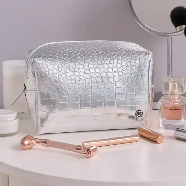 Cosmetiquera Rectangular Piel Cocodrilo Serie Plata Miniso