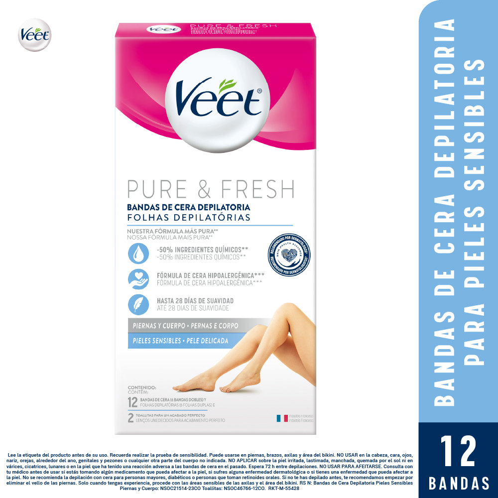 Bandas Cera Depilatoria Corporal Veet Pure Piel Sensible - 12 Bandas 14 und