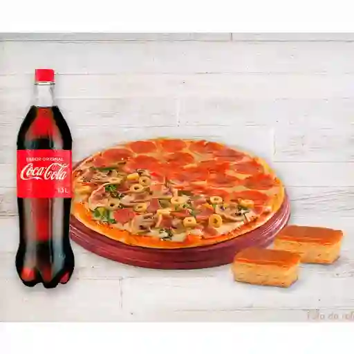 Pizza Mediana + Bebida 1.5 ml + Postre