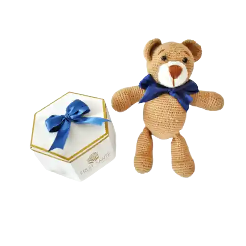 Oso Teddy Con Caja 3 Fresas Moño Azul Oscuro