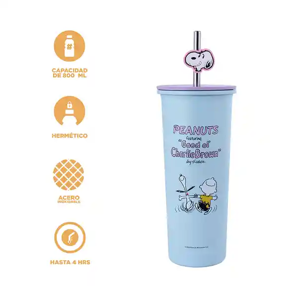 Vaso de Acero Inoxidable Con Pitillo Snoopy Azul 800 mL Miniso