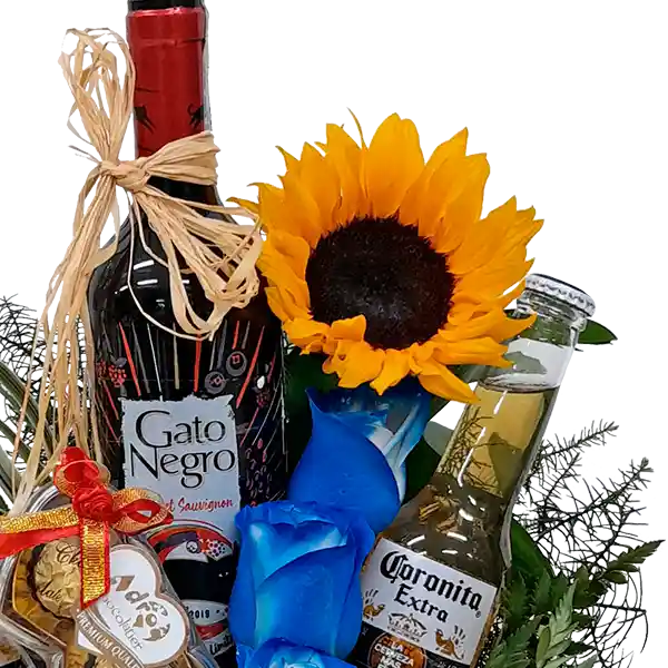 Arreglo Floral Mini en Girasol Con Cerveza y Vino