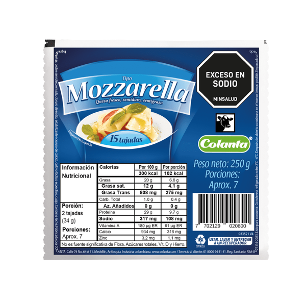 Colanta Queso Tipo Mozzarella Tajado 250 g