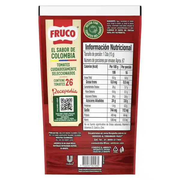 Salsa de Tomate Fruco Doypack Pague 800 g Lleve 1000 g
