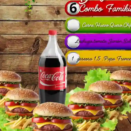 Combo 6 Hamburguesas, Papa y Gaseosa