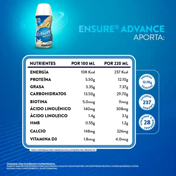 Ensure Advance Vainilla Con Proteína + Hmb Líquido Caja x 6 Und