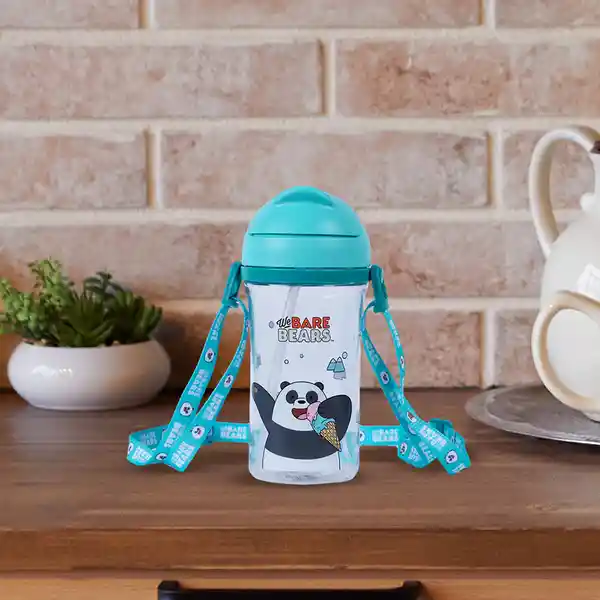 Vaso Plástico Con Pitillo y Correa Panda Azul 400 mL Miniso