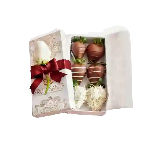 Caja De Fresas Con Chocolate X 6 Unidades + Rosa Blanca Y Moño Vinotinto