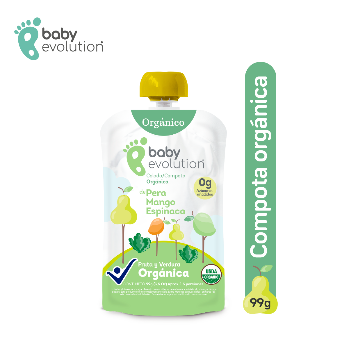 Baby Evolution Compota Orgánica Pera Mango Espinaca. 0g de azúcar añadido.