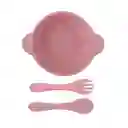 Plato de Silicona Con Cuchara y Tenedor Rosa Miniso