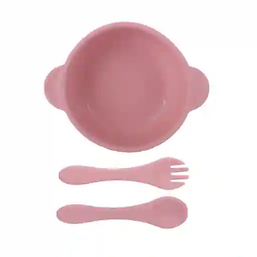 Plato de Silicona Con Cuchara y Tenedor Rosa Miniso