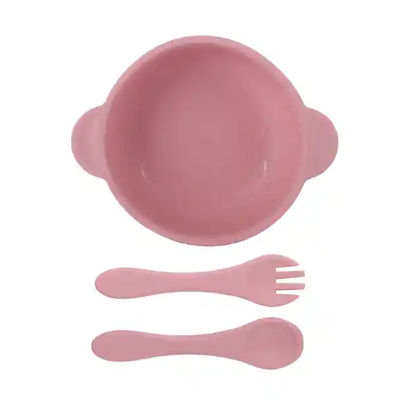 Plato de Silicona Con Cuchara y Tenedor Rosa Miniso