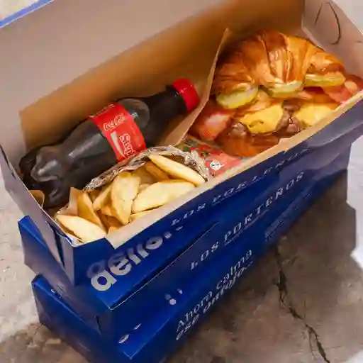 Medialuna burger + papas al horno y bebi