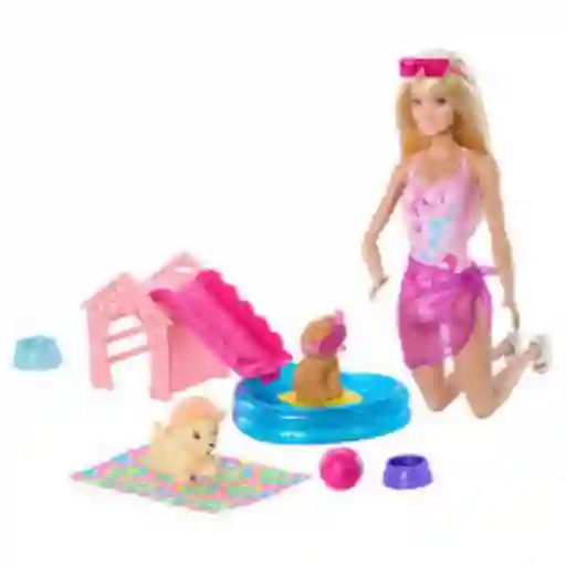 Barbie Muñeca Fiesta en la Piscina Con Perritos