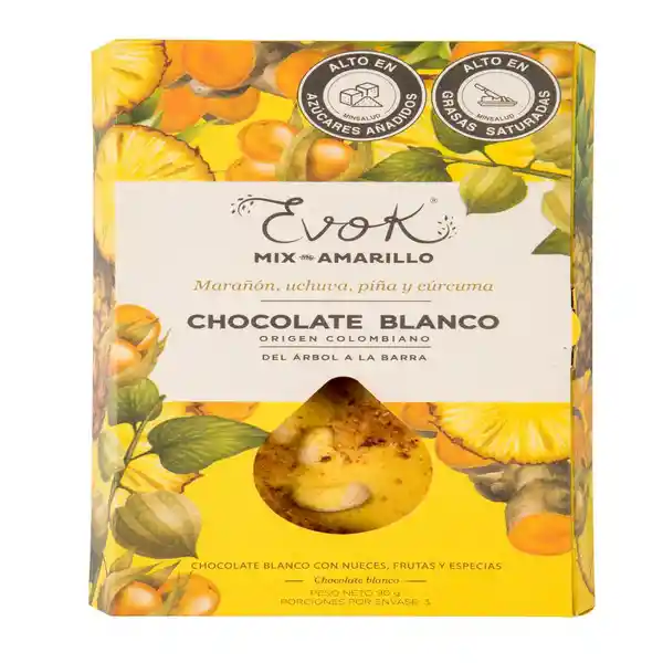 Evok Chocolate Blanco, Mix Amarillo Marañón, Uchuva, Piña y Cúrcuma