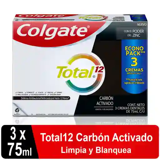 Crema Dental Colgate Total 12 Carbon Activado 75ml x3