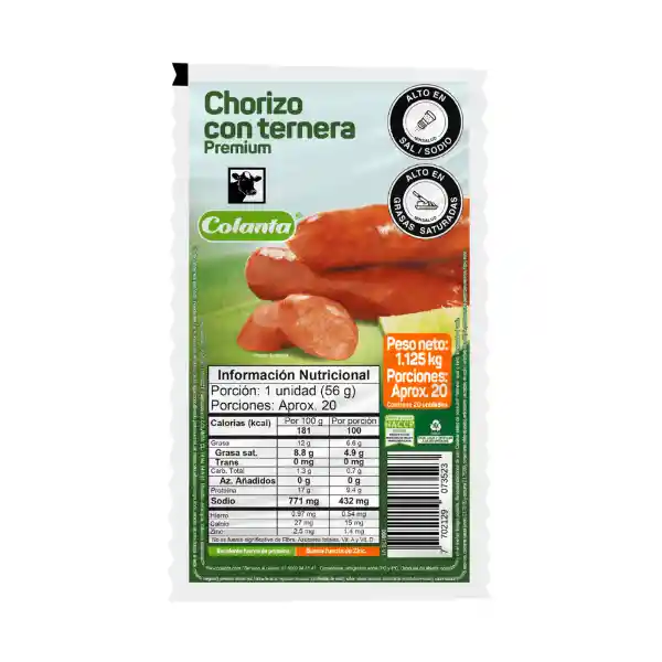 Chorizo Con Ternera Colanta x 1.125 g x 20 U