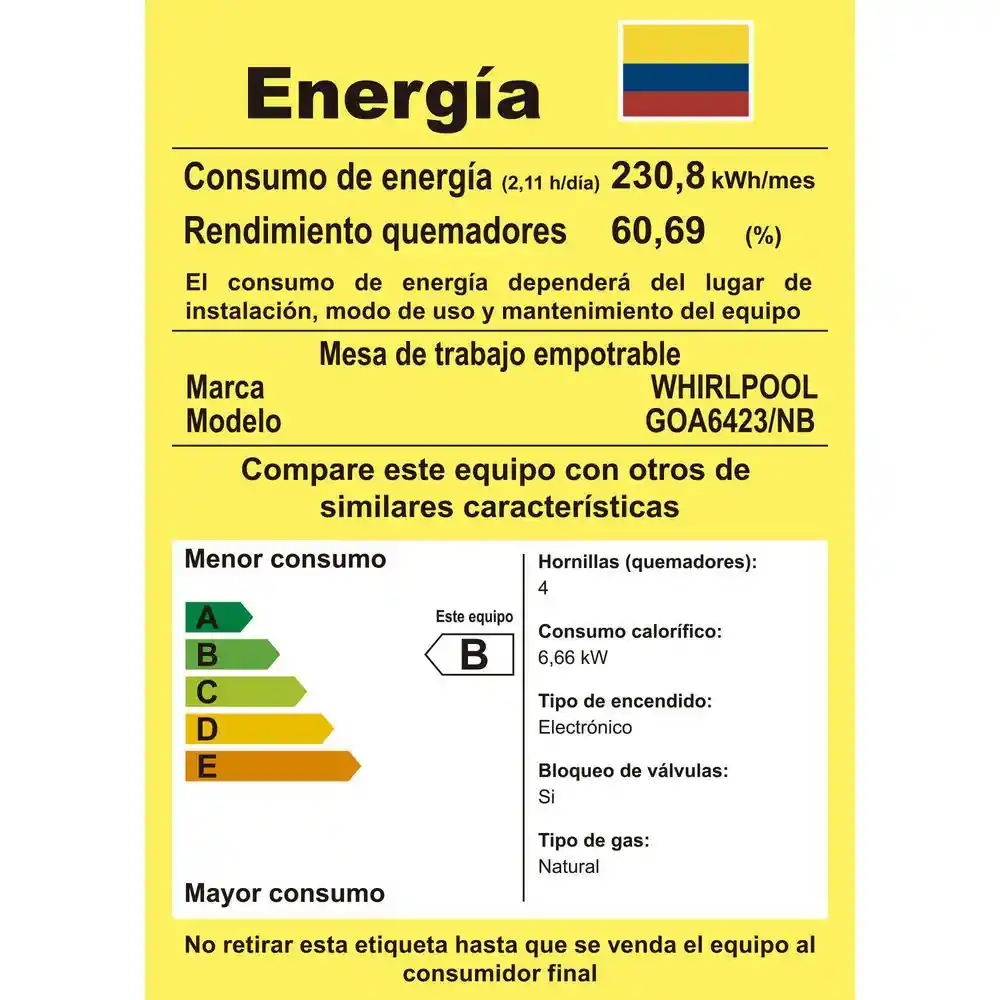 Whirlpool Estufa de Gas con Vitrocerámica 4 Puestos de Gas