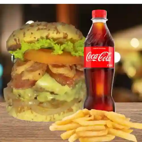 Hamburguesa Parchada + Gaseosa Pet 400 ml + Papas