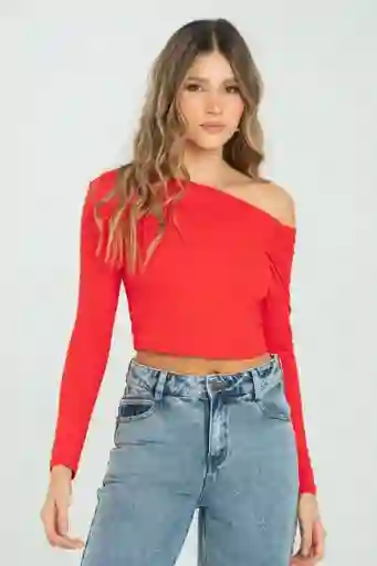 Top Asimétrico Manga Larga Color Rojo Medio Talla S Ragged