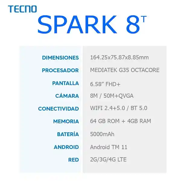 Tecno Spark Celular 64Gb Azul 8T