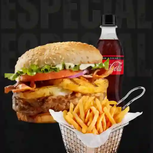 Bacon hawai + papas + coca cola