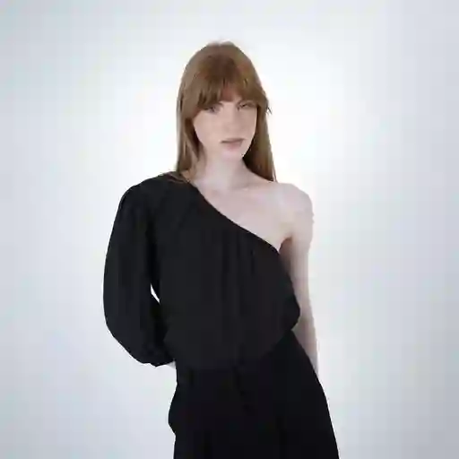 Blusa Asimétrica Elástico y Manga 3/6 Negro M Fuera de Serie
