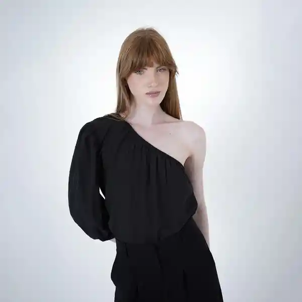 Blusa Asimétrica Elástico y Manga 3/6 Negro M Fuera de Serie