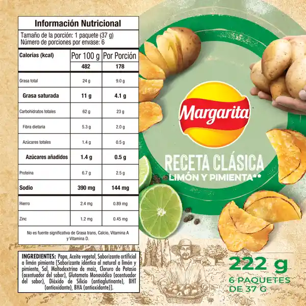Margarita Snack Papas Receta Clasica Limon Pimienta 37 g