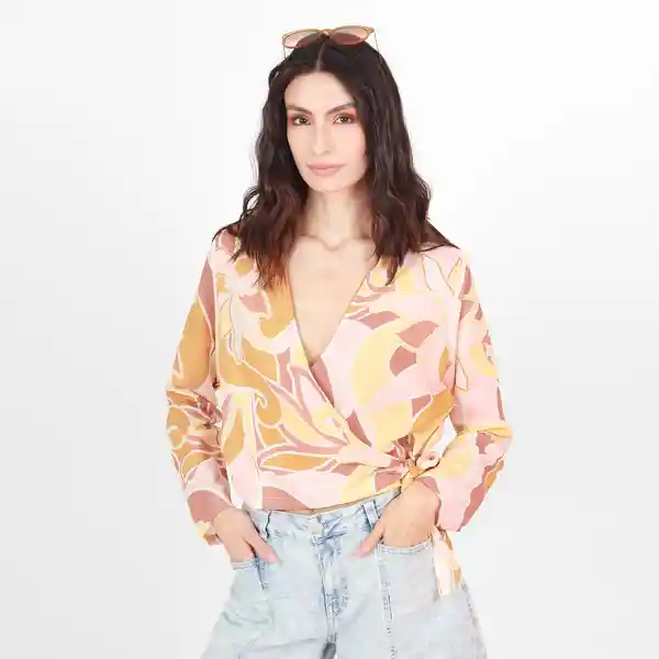 Blusa Cuello V Manga Larga Con Lazo Multicolor Talla M 694612