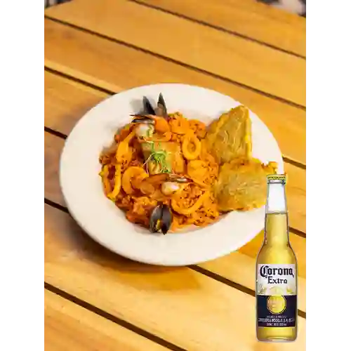 Combo Arroz Mar y Tierra. + Cerveza Corona Bot. 355ml