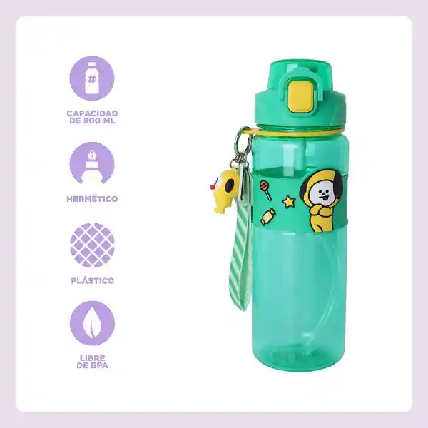 Botella Con Correa y Funda Serie Chimmy Verde 800 mL Bt21 Miniso