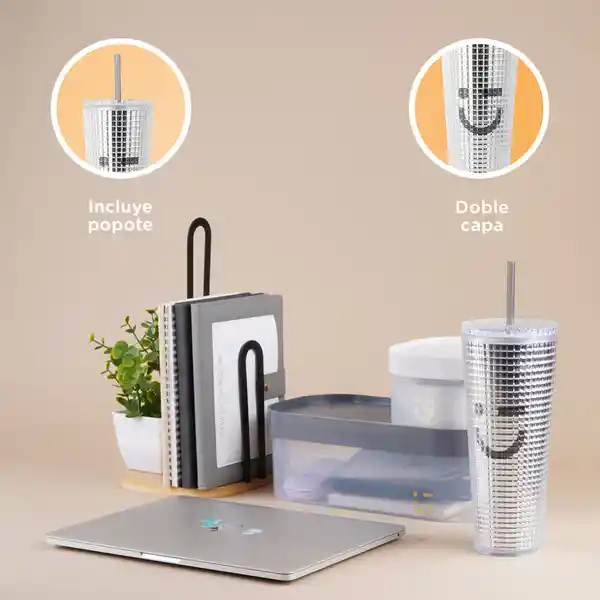 Vaso Plástico de Doble Capa Con Pitillo Serie Silver Grey Miniso