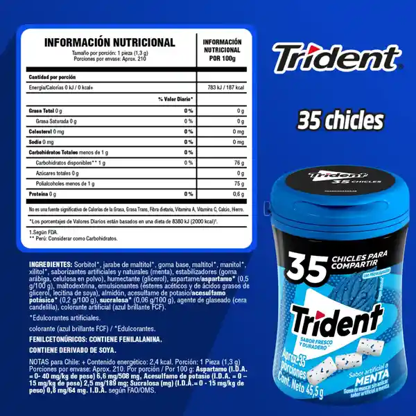 Trident Chicle Menta Sin Azúcar