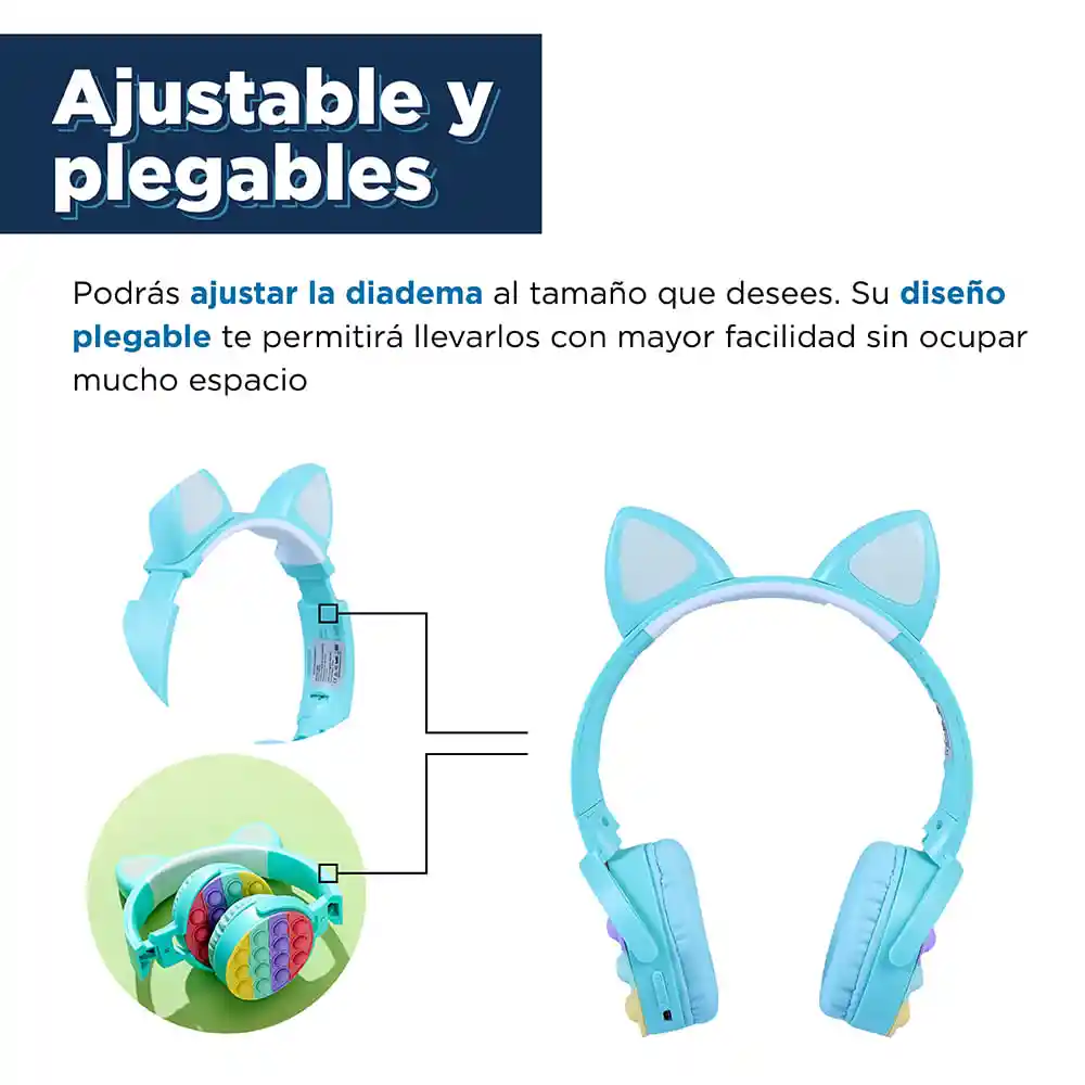 Miniso Audífonos Diadema Plegable Oreja Gato Led Azul Modelo H06