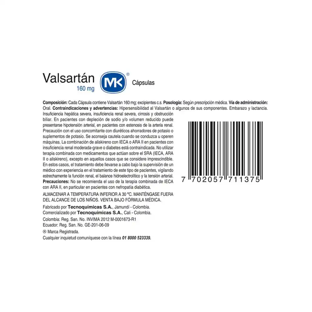 Mk Tecnoquimicas Valsartán (160 mg) 30 Cápsulas