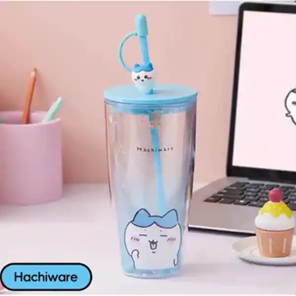 Vaso Con Doble Pared y Pitillo Hachiware Azul 700 mL Miniso