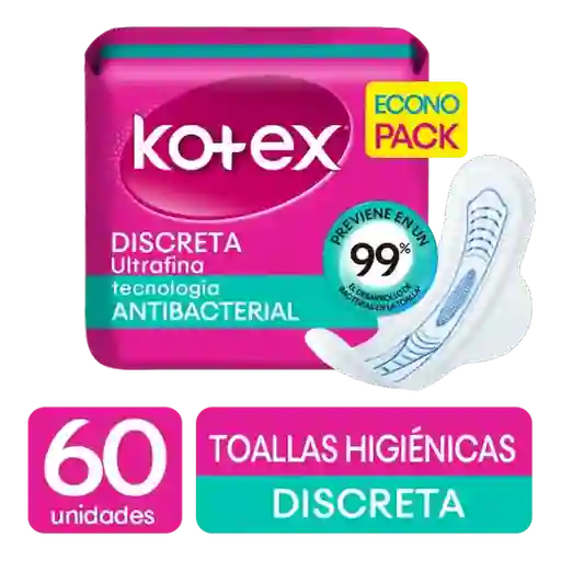 Kotex Toalla Femenina Discreta Antibacterial 60 Und