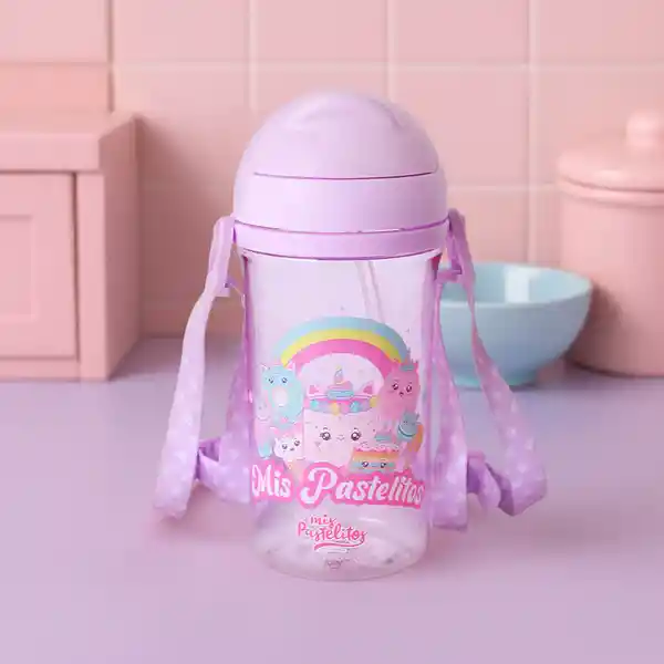 Botella Plástico Con Pitillo Serie Mis Pastelitos Morada Miniso