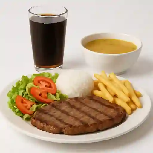 Carne a la Plancha con Bebida y Sopa