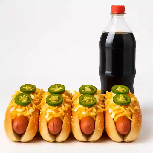 4 Perros Jalapeños+ Gaseosa Litro