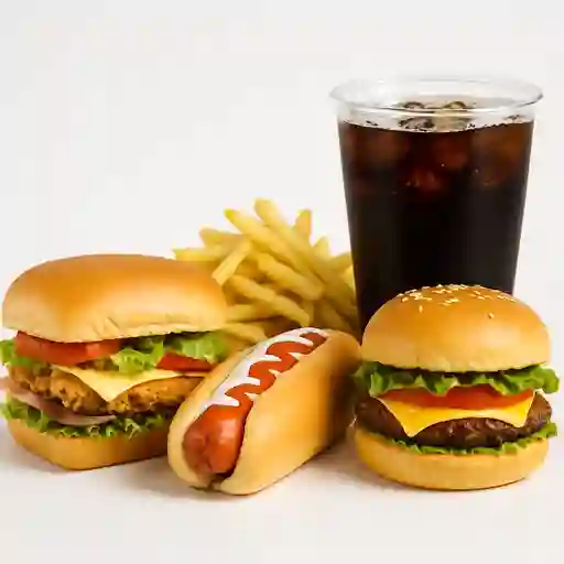 Combo Sándwich, Mini Perro, Mini Hamburguesa, Papas y Gaseosa