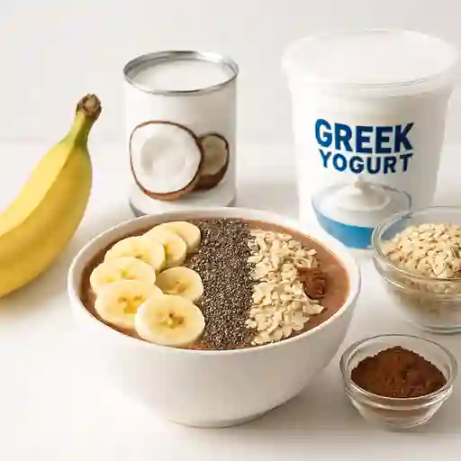 Banano,leche Coco,yogurt Griego,avena,chia, Cacao