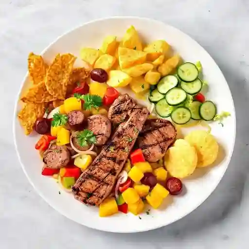 Parrillada 2 Carnes + Chorizo con Vegetales Salteados