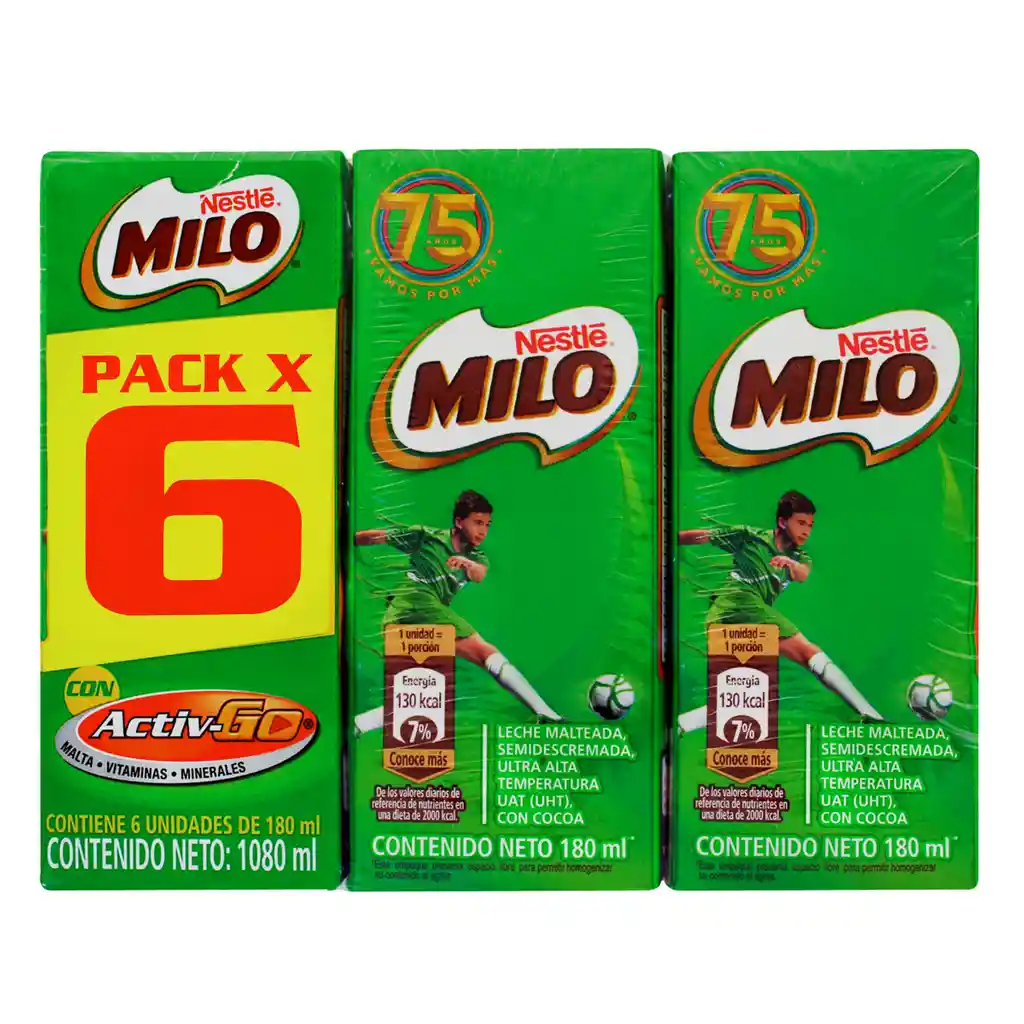 Leche achocolatada con malta MILO en cajita 6 Unds x 180mL c/u