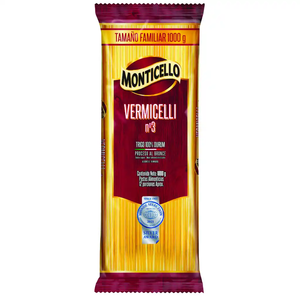 Monticello Pasta Vermicelli No. 3 Tamaño Familiar