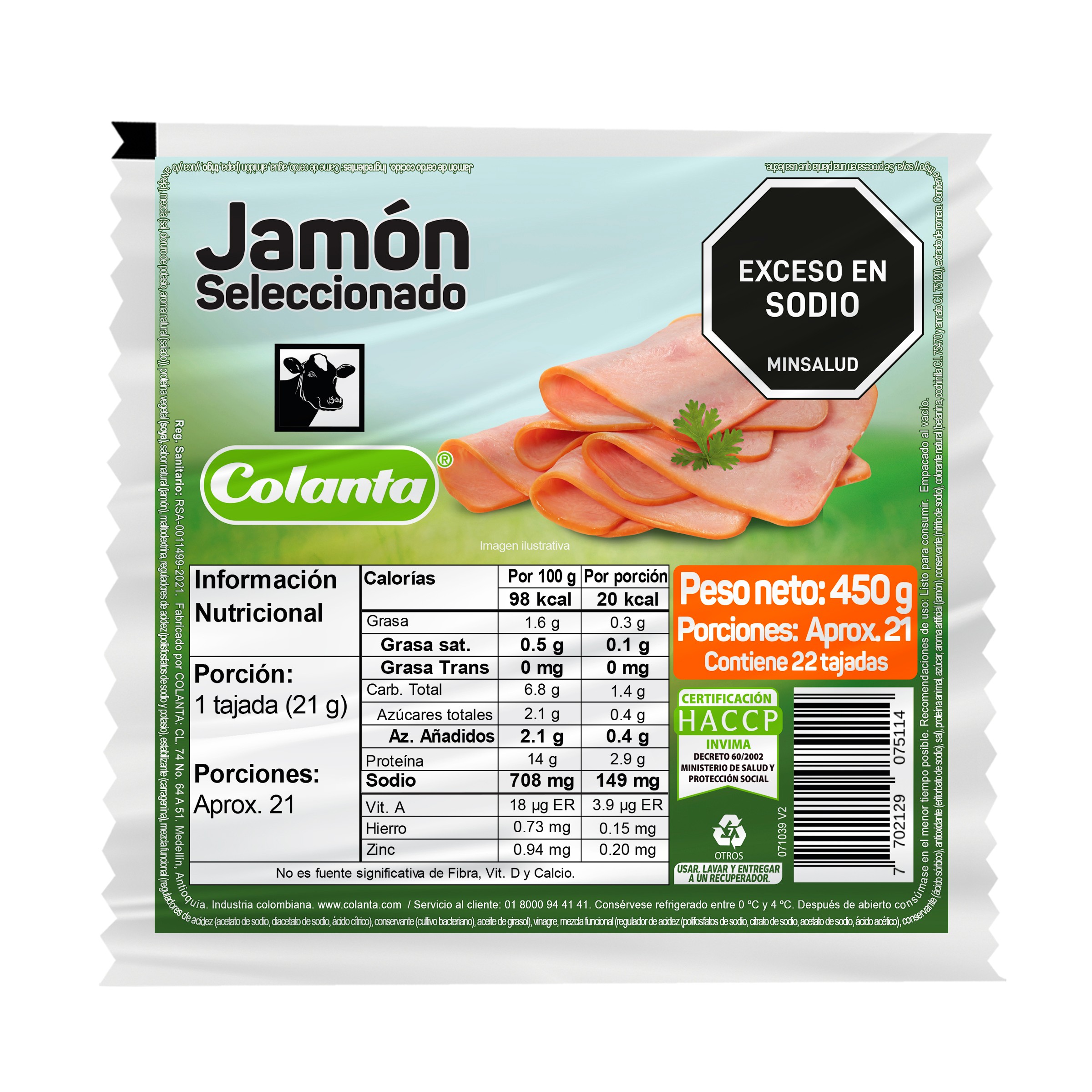 Colanta Jamón Seleccionado Tajado 450 g